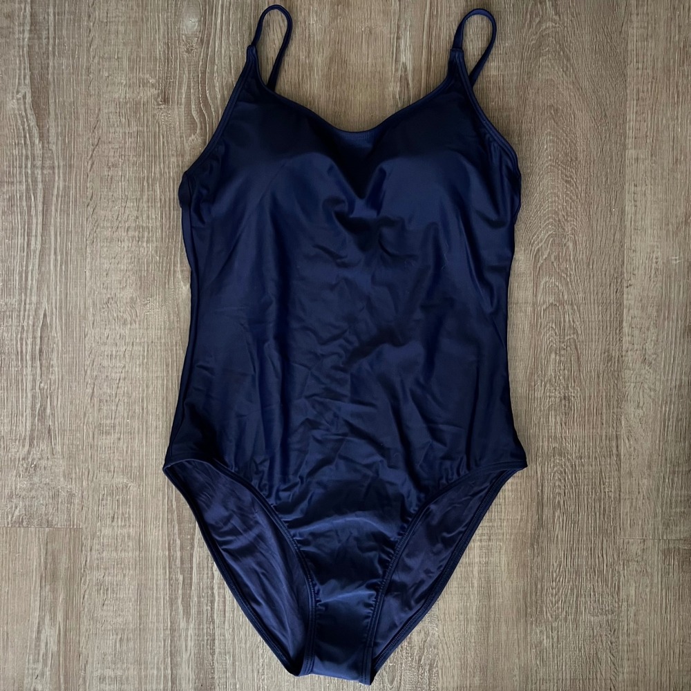 NWT Quince Italian Cami One Piece Swimsuit Medium Deep Navy Blue Minimalist Swim